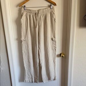 Neutral Linen-Blend Drawstring Cargo Pants